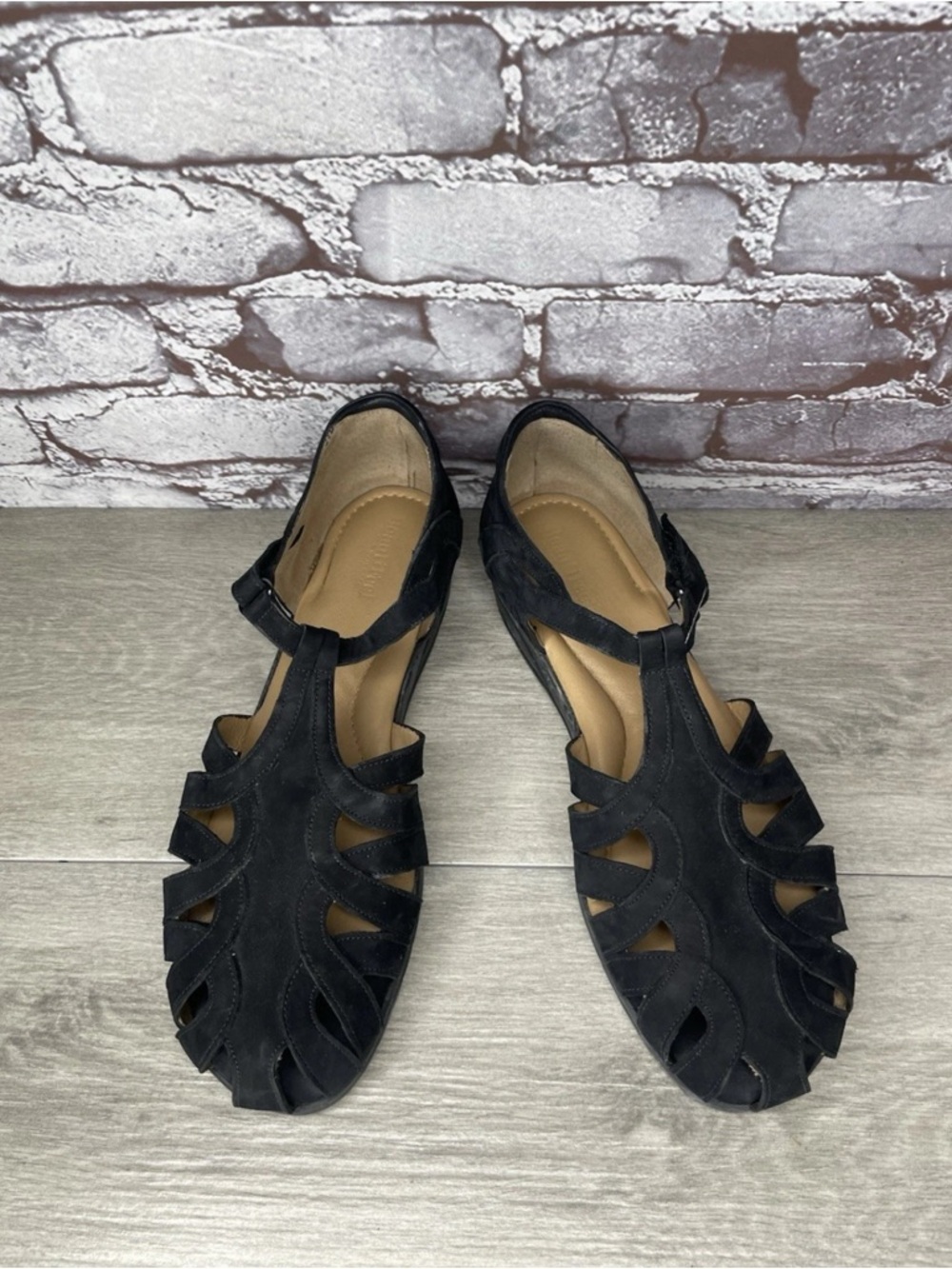 BeautiFeel Black Suede Leather Fisherman Strap Casual Wedge Sandals Women Sz 43